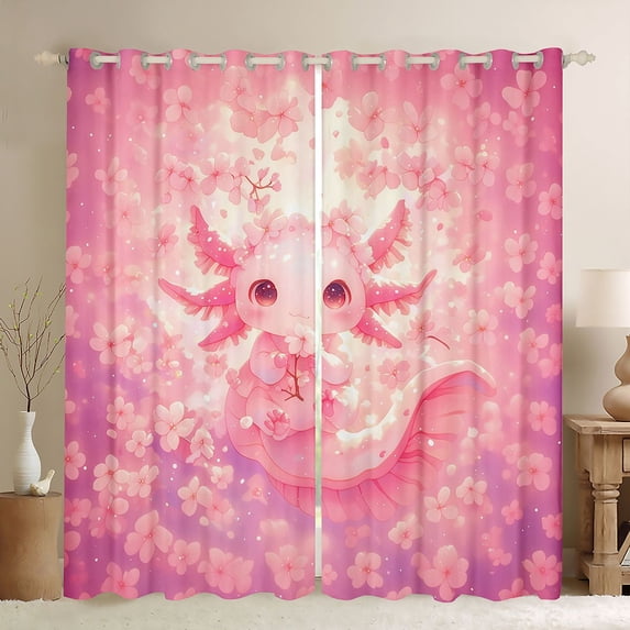 Feelyou Pink Axolotl Black Out Curtains, Blossoms Flower Curtains Pack of 2 (42x63 Each)