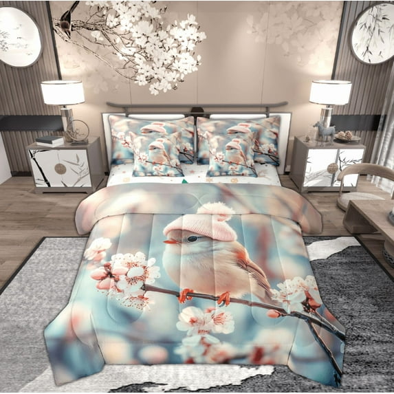 Feelyou Pink Bird Bedding Comforter Set 7pcs, Blossoms Flower Floral King Bedding Sets, Kawaii Animal Reversible Bed Sheets, Ultra Soft Home Decor