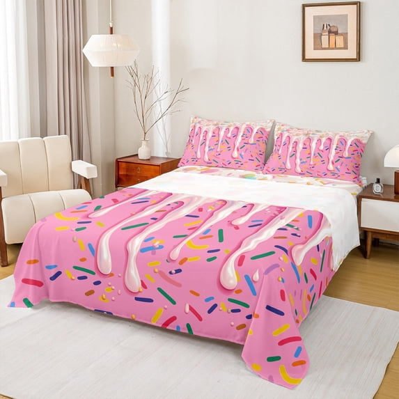 Feelyou Pink Birthday Cake Queen Sheet Sets, Yummy Cartoon Dessert Flat Sheet, Teen Girl Boy Kid Queen Fitted Sheet, Super Cozy Room Decor, 4 Pieces