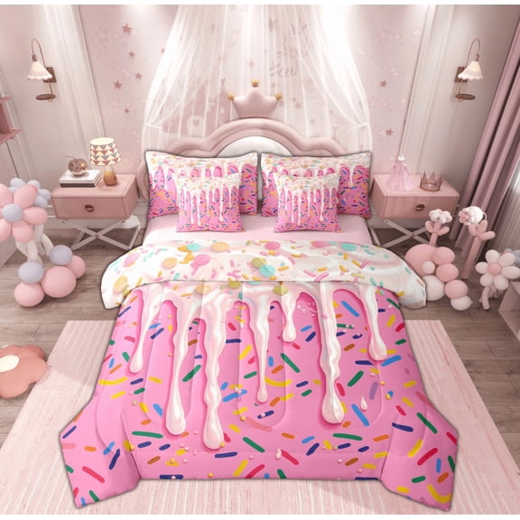 Feelyou Pink Birthday Cake Twin Bedding Sets 7-Piece, Yummy Cartoon Dessert Bedding Comforter Set, Teen Girl Boy Kid Reversible Sheet Sets, Super Cozy Room Decor