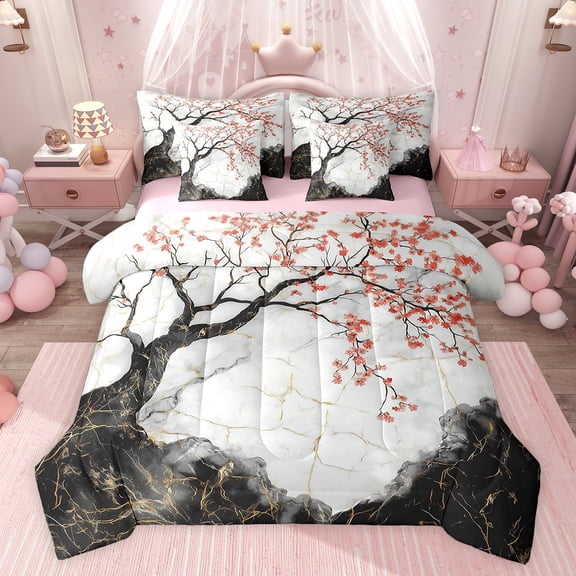 Feelyou Pink Blossoms Flower Bedding Comforter Set 7pcs, Modern Marble Ombre Queen Bedding Sets, Fashion Japanese Style Reversible Queen Sheet Sets, Breathable Home Decor