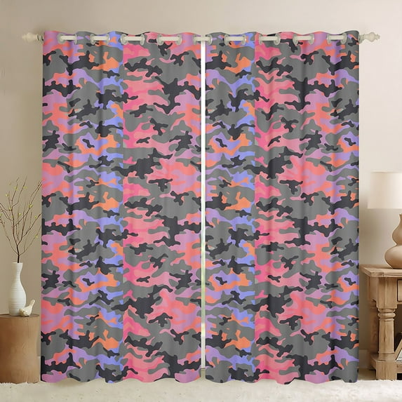 Feelyou Pink Blue Camo Black Out Curtains for Child, Stripes Abstract Ombre Curtains Pack of 2 (42x63 Each), Cartoon Camouflage Bedroom Curtains, Living Room Curtains Decor