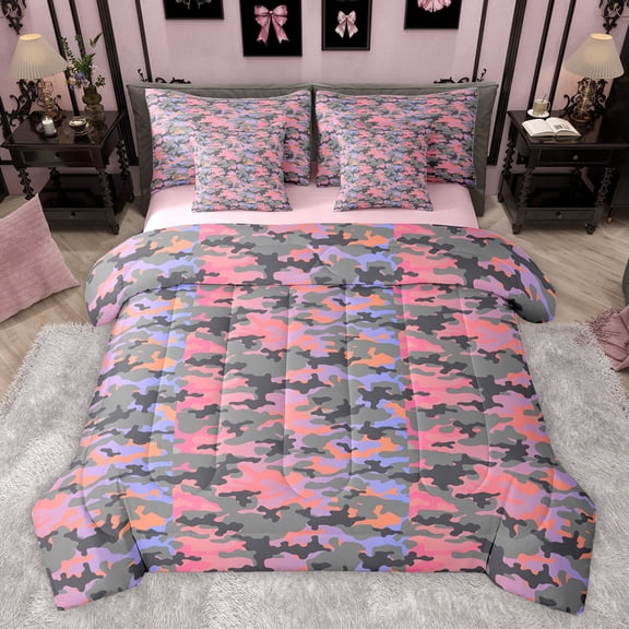 Feelyou Pink Blue Camo Twin Bedding Sets 7-Piece for Child, Stripes Abstract Ombre Bedding Comforter Set, Cartoon Camouflage Reversible Sheet Sets, Ultra Soft Bedroom Decor