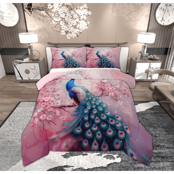Feelyou Pink Blue Peacock Full Size Comforter Sets, Romantic Blossoms Floral Flower Bedding Comforter Set, Kawaii Animal Reversible Bedding Sets, Breathable Home Decor, 3-Piece