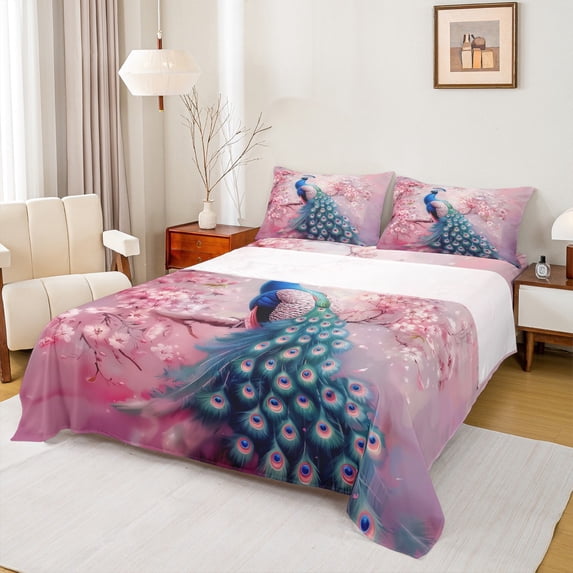 Feelyou Pink Blue Peacock Twin Sheet Sets, Romantic Blossoms Floral Flower Twin Fitted Sheet, Kawaii Animal Flat Sheet, Breathable Home Decor, 3-Piece