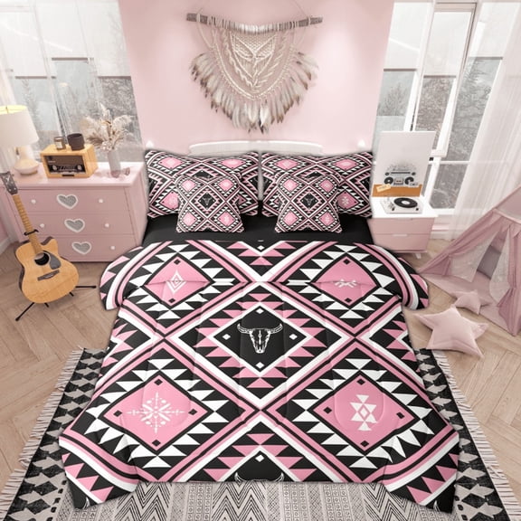 Feelyou Pink Boho Aztec Bedding Comforter Set 7 Pieces, Mandala Geometric Full Bedding Set, Vintage Western Fashion Reversible Fitted Sheet Flat Sheet, Breathable Home Decor