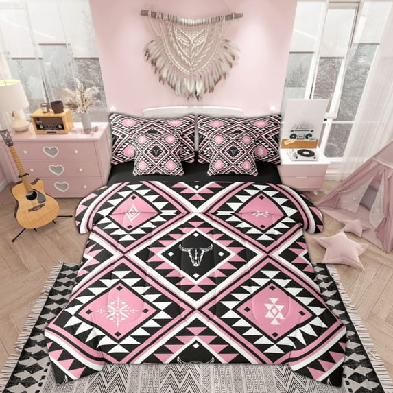 Feelyou Pink Boho Aztec Bedding Comforter Set 7pcs, Mandala Geometric King Bedding Sets, Vintage Western Fashion Reversible Bed Sheets, Breathable Home Decor