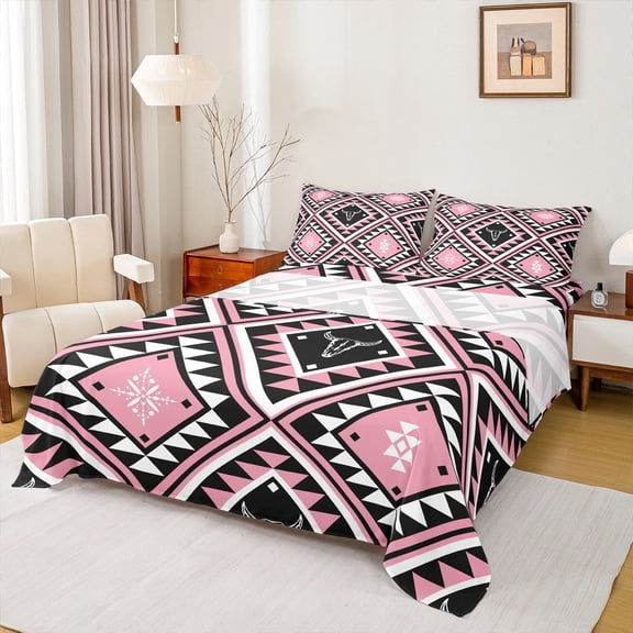 Feelyou Pink Boho Aztec Twin Sheet Sets, Mandala Geometric Twin Fitted Sheet, Vintage Western Fashion Flat Sheet, Breathable Home Decor,3 Pieces