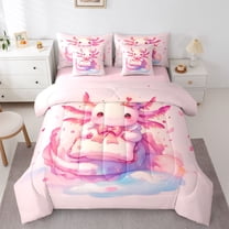Feelyou Pink Bow Axolotl Twin Bedding Sets 7-Piece, Dreamy Princess Bedding Comforter Set