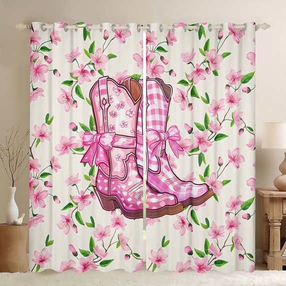 Feelyou Pink Bow Boot Black Out Curtains, Cherry Blossoms Curtains Pack of 2 (42x63 Each)