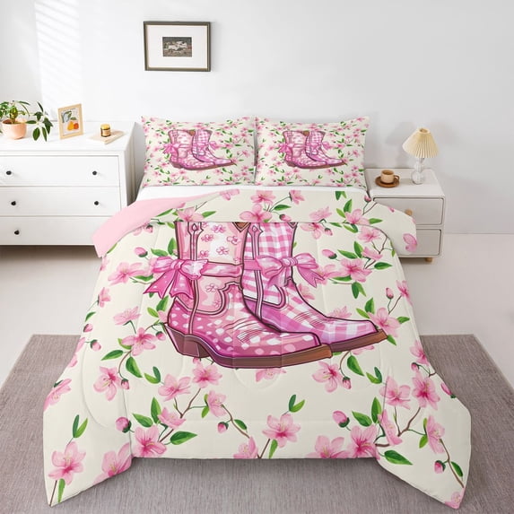 Feelyou Pink Bow Boot Full Size Comforter Sets, Spring Cherry Blossoms Bedding Sets, 3pcs