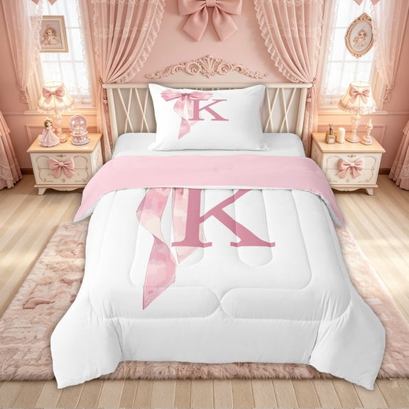 Feelyou Pink Bow Letter K Twin Comforter Sets for Girls, Dreamy Princess Style Bedding Set, Pink Reversible, 2pcs