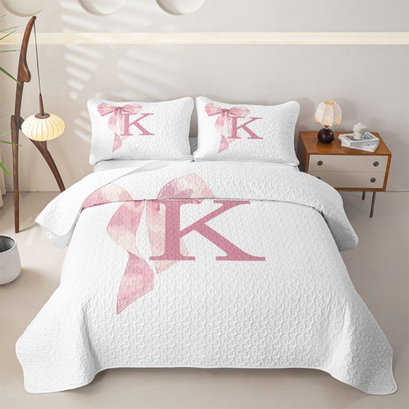 Feelyou Pink Bow Letter K Twin Quilt Set for Girls, Dreamy Princess Style Twin Coverlet Set, 2pcs