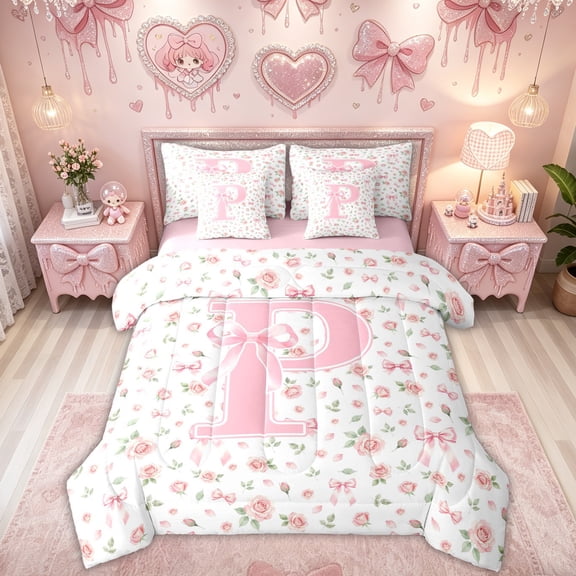 Feelyou Pink Bow Letter P Twin Bedding for Girls, Spring Rose Floral Bedding Comforter Set, Pink Reversible, 7-Piece