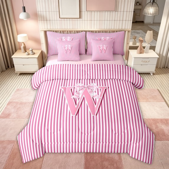 Feelyou Pink Bow Letter W Bedding Comforter Set for Girls, Lovely Print Full Bedding Set, Pink, Pink Reversible, 7pcs