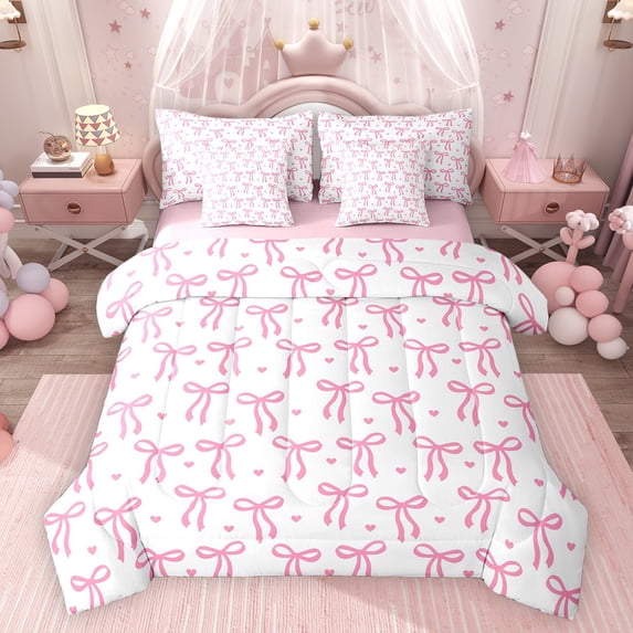 Feelyou Pink Bow-tie Bedding Comforter Set 7 Pieces, Princess Love Heart Full Bedding Set