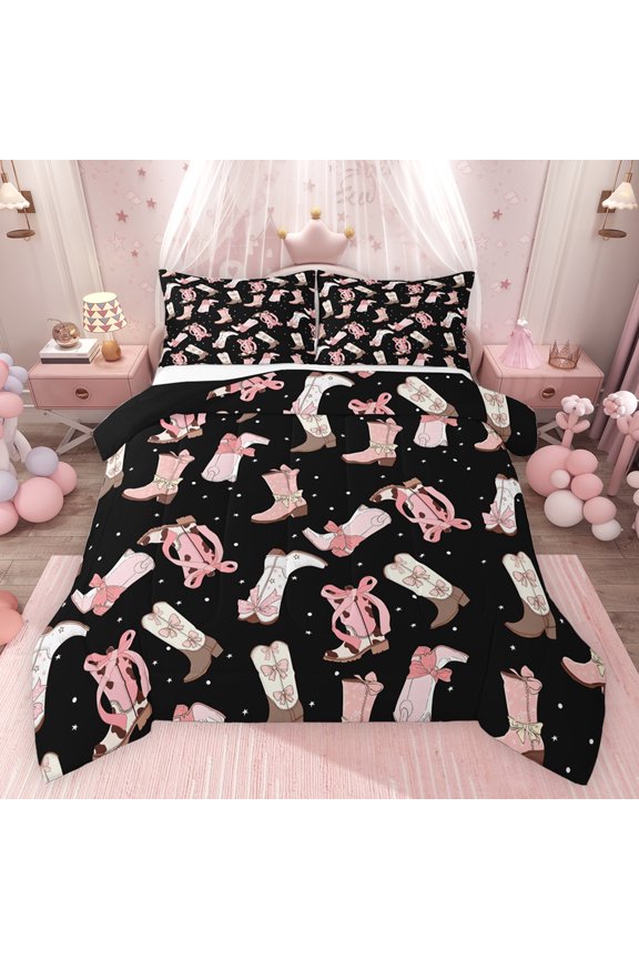 Pink Bowknot Boot Bedding Comforter Set for Kids, Western Cowgirl Cowboy Twin Comforter Sets, Cartoon Stars Print Reversible Bedding Set, Super Cozy Room Decor, 2-Piece