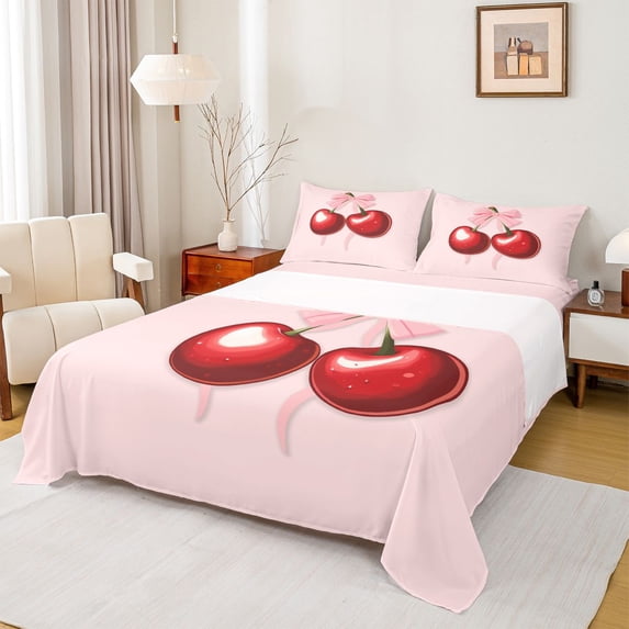 Feelyou Pink Bowknot Cherry Bed Sheets for Kids, Kawaii Princess Ribbon King Sheets, Fairy Tale Style Sheet Set, Luxury Bedroom Decor, 4pcs