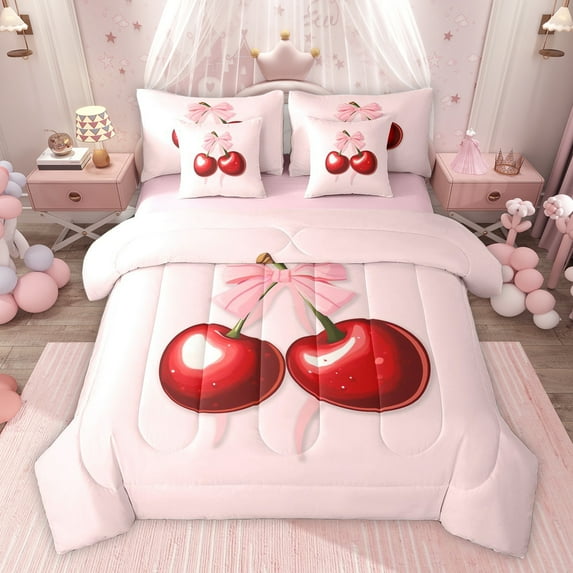 Feelyou Pink Bowknot Cherry Bedding Comforter Set 7pcs for Kids, Kawaii Princess Ribbon King Bedding Sets, Fairy Tale Style Reversible Bed Sheets, Luxury Bedroom Decor