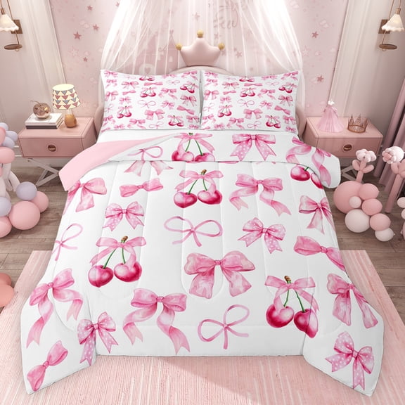Feelyou Pink Bowknot Cherry Bedding Comforter Set for Kids, Cartoon Cute Ribbon Twin Comforter Sets, Watercolor Bow-tie Theme Reversible Bedding Set, Luxury Bedroom Decor, 2 Pieces