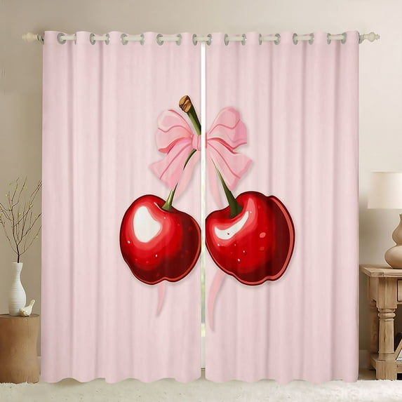 Feelyou Pink Bowknot Cherry Blackout Curtains Set of 2 (52x84 Each) for Kids, Kawaii Princess Ribbon Window Curtains, Fairy Tale Style Curtains and Drapes, Curtains and Drapes Decor