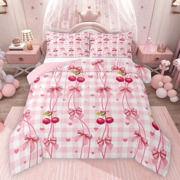 Feelyou Pink Bowknot Cherry Girl Queen Comforter Set, Love Heart Plaid Bedding Set, 3pcs