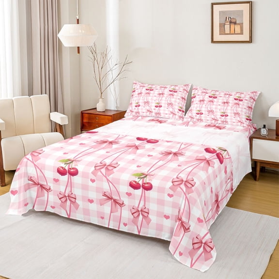 Feelyou Pink Bowknot Cherry Girl Twin Sheet Sets, Love Heart Plaid Bedding, 3-Piece