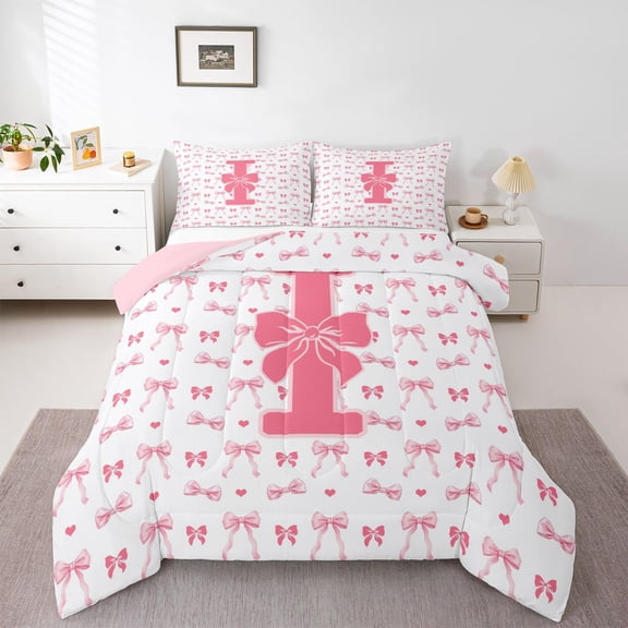 Feelyou Pink Bowknot Initial I Twin Comforter Sets, Kawaii Ribbon Bedding Set, 2-Piece
