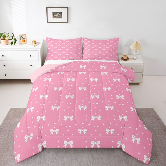 Feelyou Pink Bowknot Kid Queen Comforter Set, Fashion Princess Bow Bedding Set, 3pcs