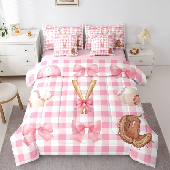 Feelyou Pink Bowknot Plaid Comforter Set 7pcs, Baseball Sports Lover Full Bedding Set