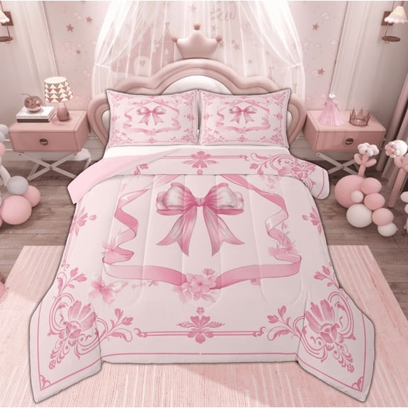 Feelyou Pink Bowknot Queen Comforter Set, Boho Damask Flower Bedding Comforter Set, 3pcs