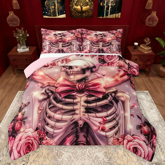 Feelyou Pink Bowknot Skeleton Bedding Comforter Set for Teen, Romantic Rose Floral Twin Comforter Sets, Gothic Valentine's Day Reversible Bedding Set, Lightweight Room Decor, 2pcs