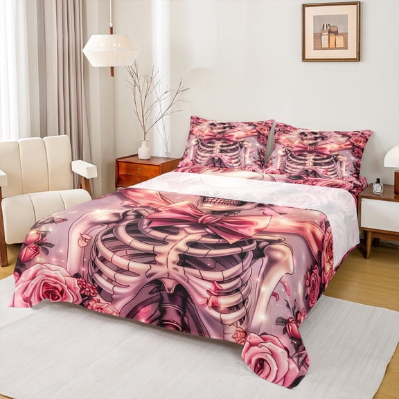 Feelyou Pink Bowknot Skeleton Twin Sheet Sets for Teen, Romantic Rose Floral Twin Fitted Sheet, Gothic Valentine's Day Flat Sheet, Lightweight Room Decor, 3pcs