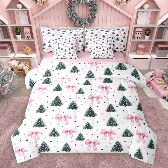Feelyou Pink Bowknot Stars Twin Bedding Sets 7-Piece, Christmas Tree Bedding Comforter Set