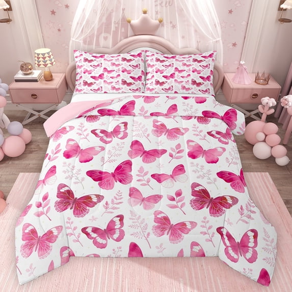 Feelyou Pink Butterlfy Full Size Comforter Sets, Cartoon Princess Bedding Sets, 3pcs