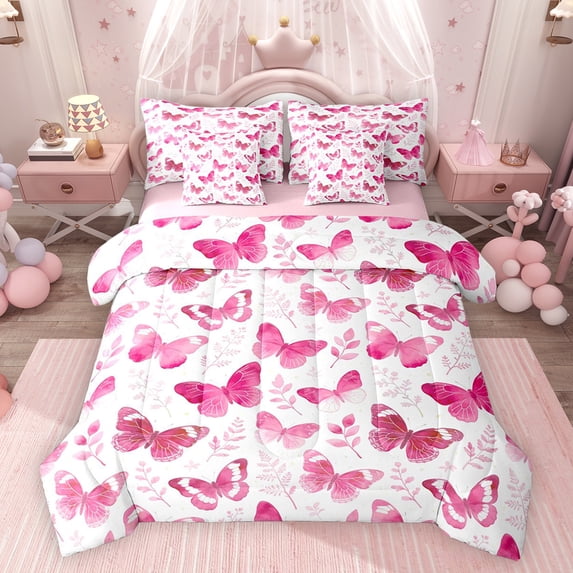 Feelyou Pink Butterlfy Twin Bedding Sets 7-Piece, Cartoon Princess Bedding Comforter Set