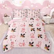Feelyou Pink Candy Cane Bedding Comforter Set for Girl, Kawaii Princess Ribbon Twin Comforter Sets, Christmas Flower Reversible Bedding Set, Lightweight Room Decor, 2-Piece
