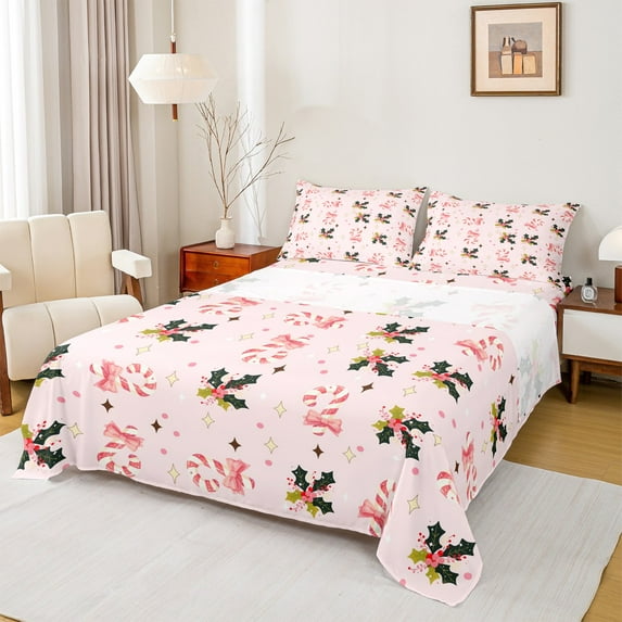 Feelyou Pink Candy Cane Twin Sheet Sets for Girl, Kawaii Princess Ribbon Twin Fitted Sheet, Christmas Flower Flat Sheet, Lightweight Room Decor, 3-Piece