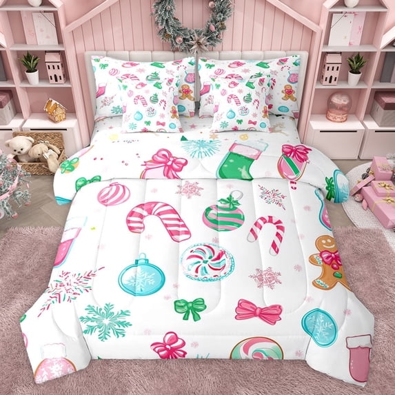 Feelyou Pink Cansy Cane Bedding Comforter Set 7 Pieces for Child, Snowflake Bowknot Full Bedding Set, Cartoon Christmas Theme Reversible Fitted Sheet Flat Sheet, Super Cozy Room Decor
