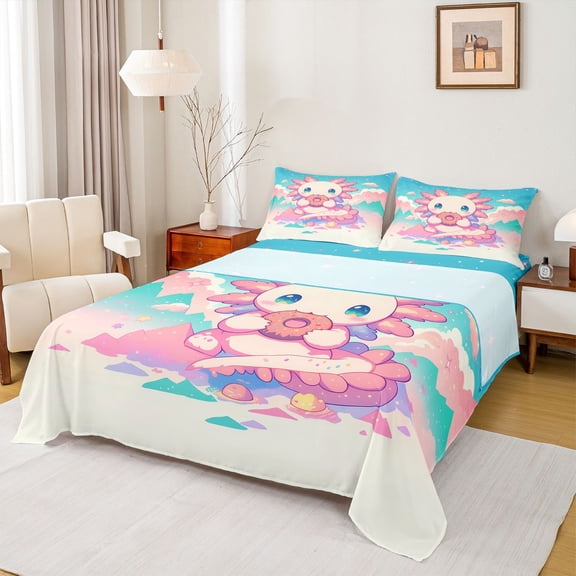 Feelyou Pink Cartoon Axolotl Twin Sheet Sets, Cute Animal Teens Bedding, 3pcs