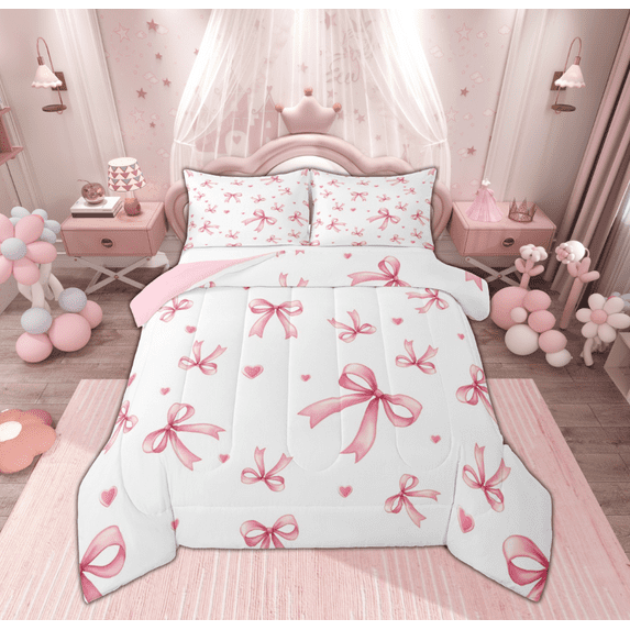 Feelyou Pink Cartoon Cherry Full Size Comforter Sets, Kawaii Ribbon Bowknot Bedding Comforter Set, Princess Bow-tie Theme Reversible Bedding Sets, Microfiber Bedroom Decor, 3 Pieces