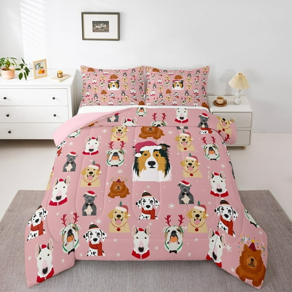 Feelyou Pink Cartoon Dog Bedding Comforter Set for Teen, Cute Christmas Animal Twin Comforter Sets, Santa Claus Hat Reversible Bedding Set, Breathable Home Decor, 2-Piece