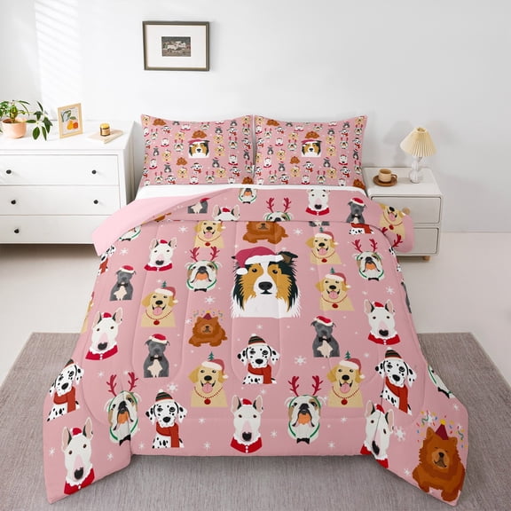 Feelyou Pink Cartoon Dog Full Size Comforter Sets for Teen, Cute Christmas Animal Bedding Comforter Set, Santa Claus Hat Reversible Bedding Sets, Breathable Home Decor, 3-Piece