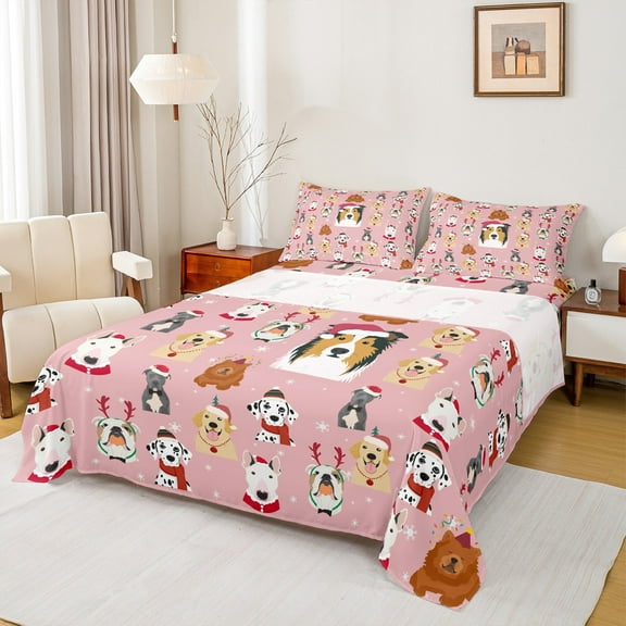 Feelyou Pink Cartoon Dog Twin Sheet Sets for Teen, Cute Christmas Animal Twin Fitted Sheet, Santa Claus Hat Flat Sheet, Breathable Home Decor, 3-Piece