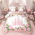 thumbnail image 1 of Feelyou Pink Castle Print Bedding Comforter Set 7 Pieces for Kids, Romantic Spring Rose Floral Full Bedding Set, Fairy Tale Princess Reversible Fitted Sheet Flat Sheet, Luxury Bedroom Decor, 1 of 7