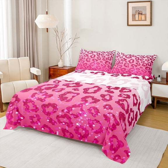 Feelyou Pink Cheetah Print Bed Sheets, Glitter Polkadots Women King Sheets, 4 Pieces