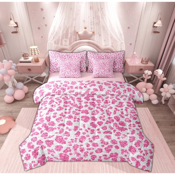 Feelyou Pink Cheetah Print Bedding Comforter Set 7-Piece, Glitter Sequin Diamond King Bedding Sets, Teens Adult Kid Reversible Bed Sheets, Lightweight Room Decor