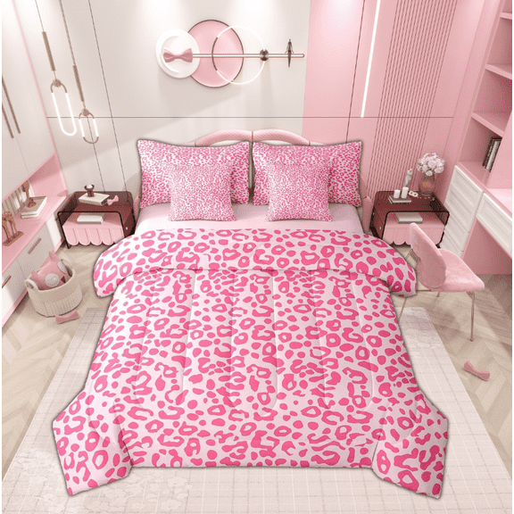 Feelyou Pink Cheetah Print Bedding Comforter Set 7pcs, Wildlife Leopard Full Bedding Set