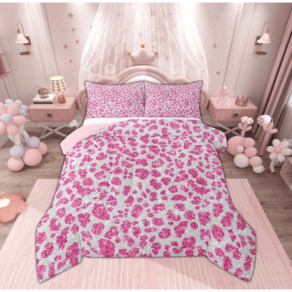 Feelyou Pink Cheetah Print Bedding Comforter Set, Glitter Sequin Diamond Twin Comforter Sets, Teens Adult Kid Reversible Bedding Set, Lightweight Room Decor, 2 Pieces