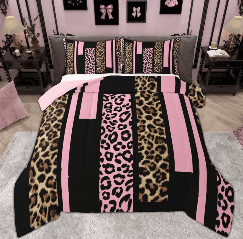 Feelyou Pink Cheetah Print Bedding Comforter Set for Women, Fashion Abstract Ombre Twin Comforter Sets, Leopard Wildlife Reversible Bedding Set, Luxury Bedroom Decor, 2-Piece